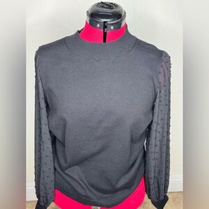CeCe Black Mock Neck Sweater with Sheer Dot Sleeves – Size M